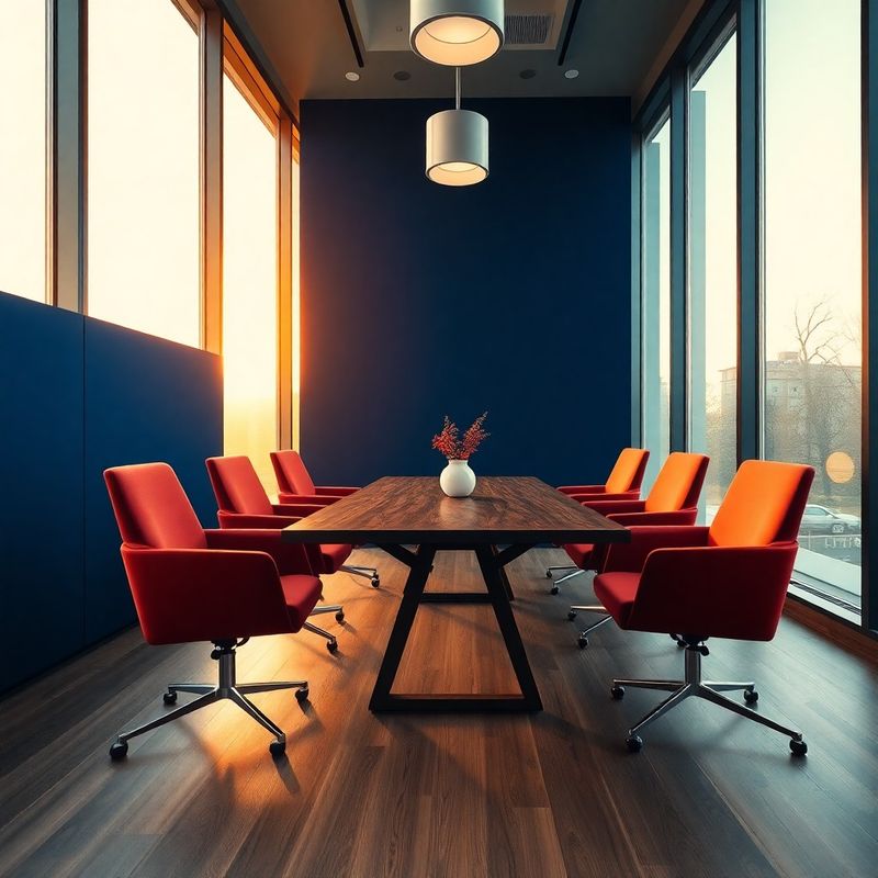 Sala de ședință BusinessLandscape cu perete albastru miezul nopții și scaune coral